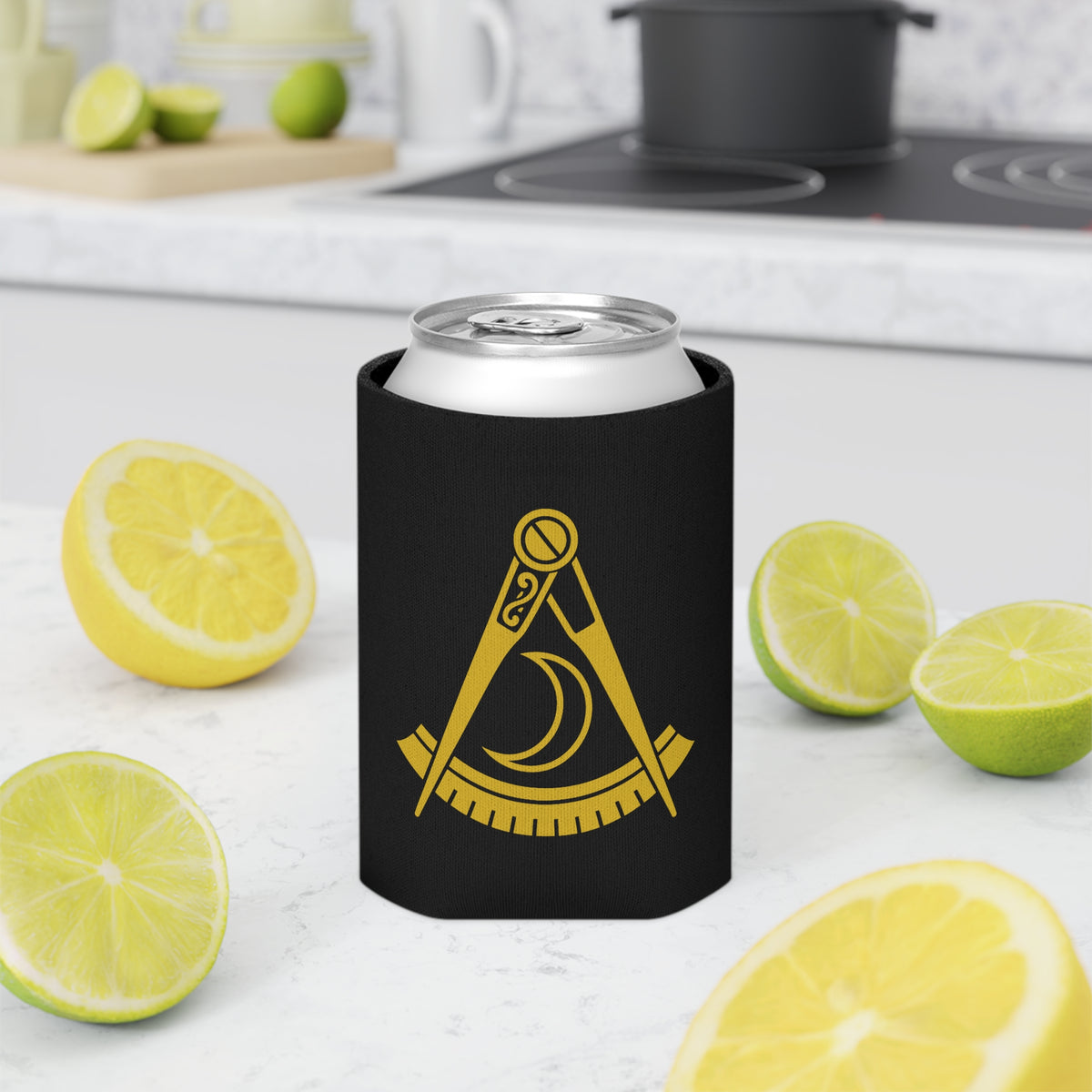 District Deputy Grand Master Blue Lodge Can Cooler - Black & Gold Square & Compass - Bricks Masons