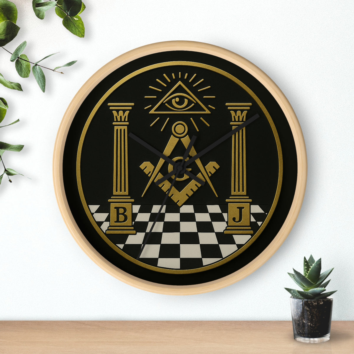Master Mason Blue Lodge Clock - S&C with Pillars in Wooden Frame - Bricks Masons