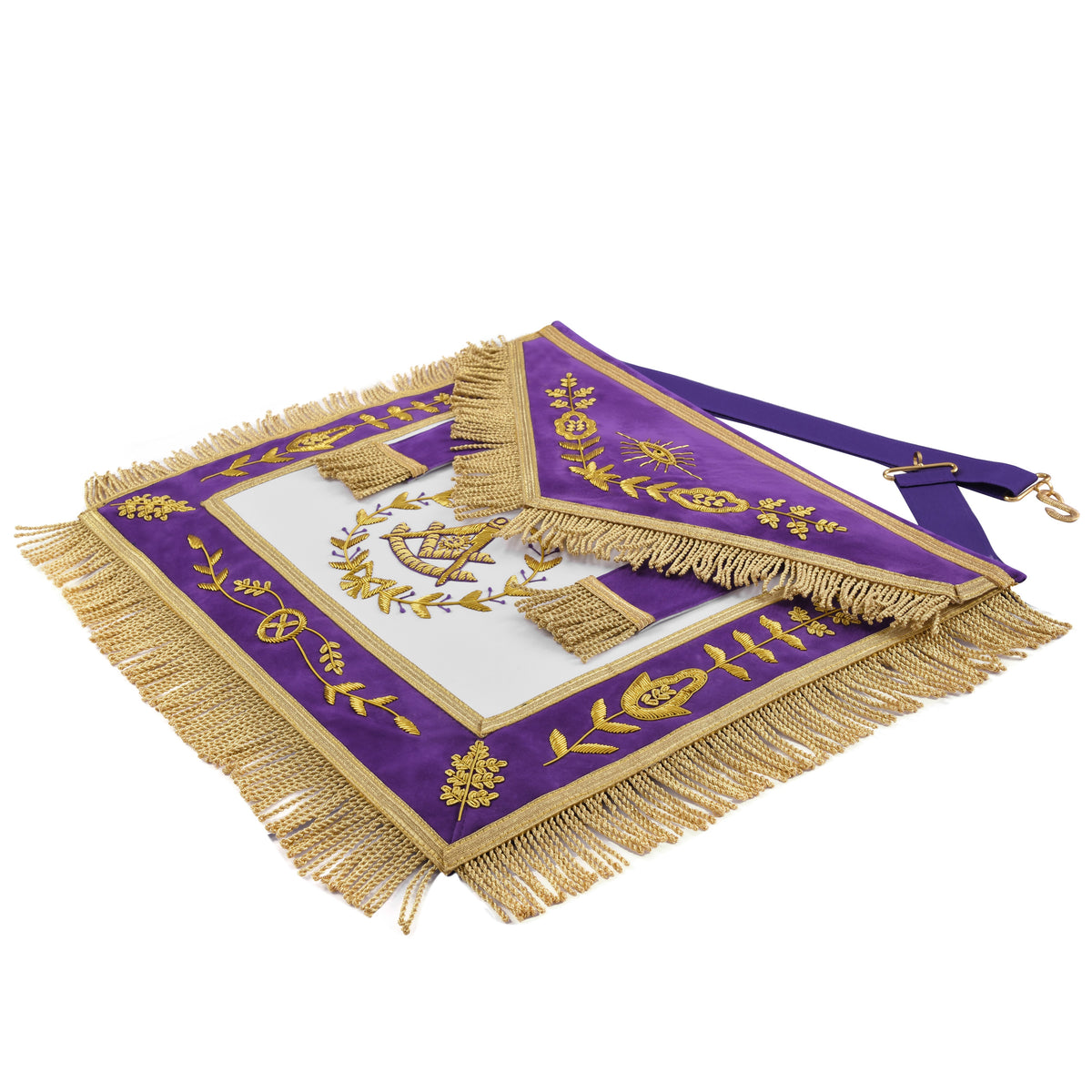 Past Master Blue Lodge Apron - Purple Velvet Gold Bullion With Wreath & Golden Fringe - Bricks Masons