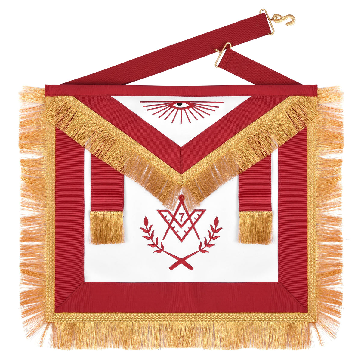 Master Mason Blue Lodge Apron - Red Ribbon Golden Bullion With Wreath & Fringe - Bricks Masons