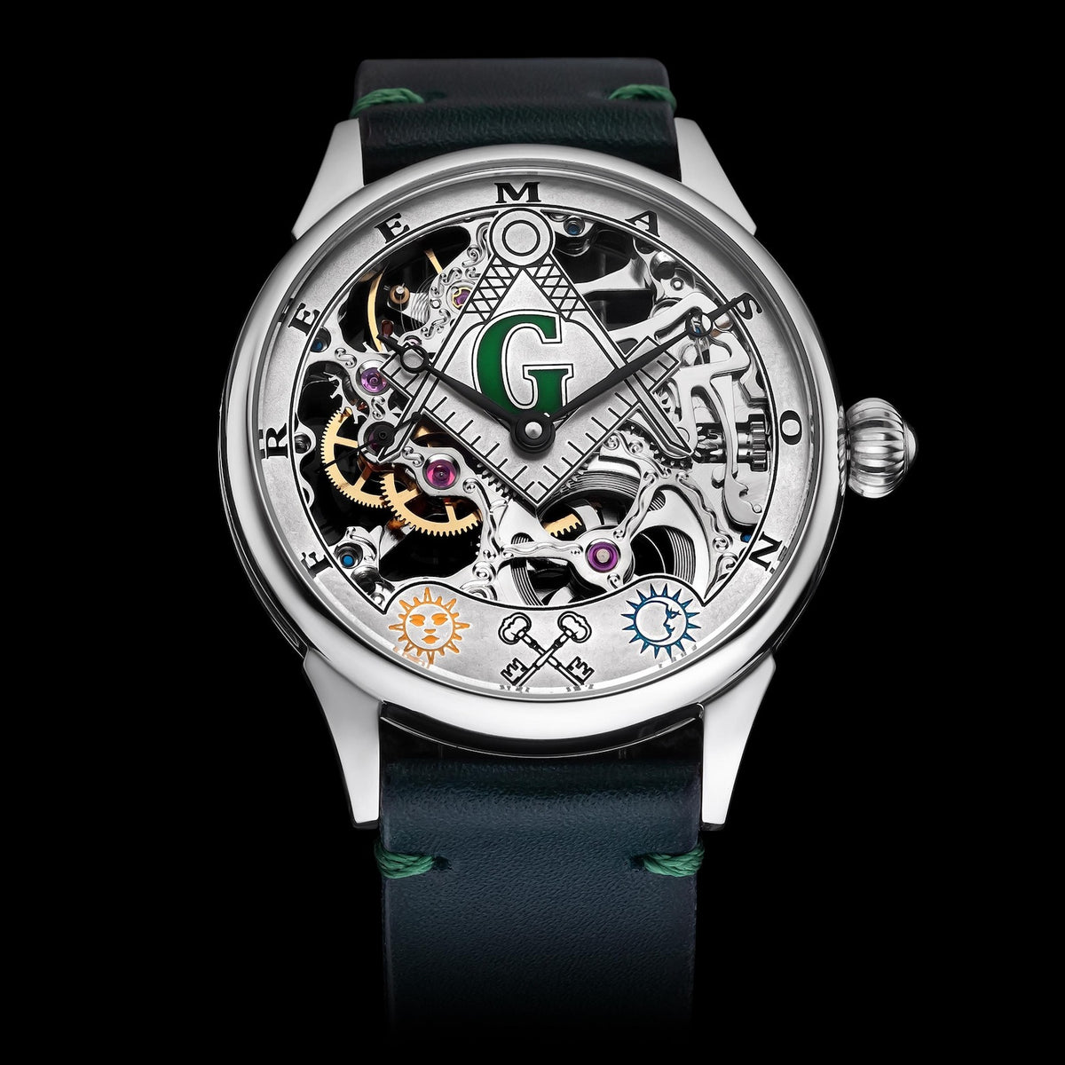 Master Mason Blue Lodge Wristwatch - Silver Skeleton Dial Intricate Detailing - Bricks Masons