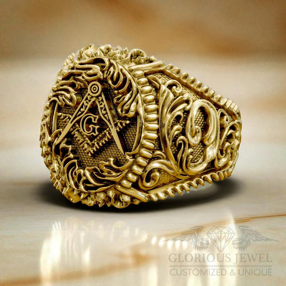 Master Mason Blue Lodge Ring - Square & Compass G Various Materials - Bricks Masons