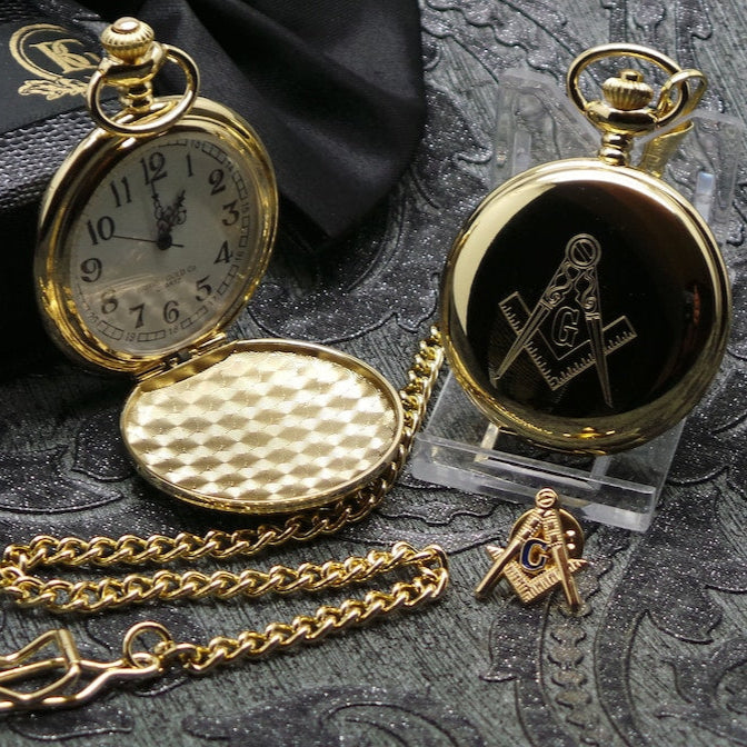 Master Mason Blue Lodge Pocket Watch - 24k Gold Lapel Pin Badge and Hunter Case Personalised - Bricks Masons