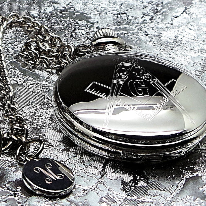 Master Mason Blue Lodge Pocket Watch - Custom Engraving Silver Chain - Bricks Masons