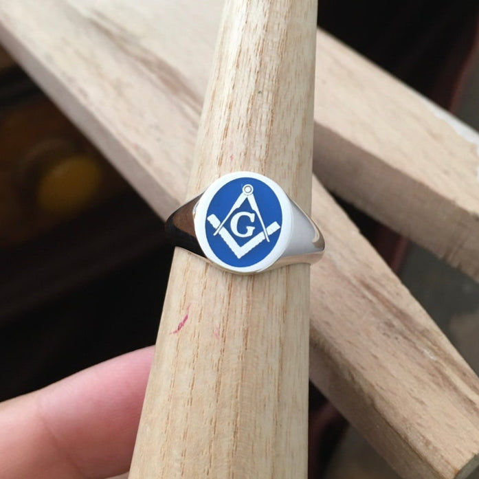 Master Mason Blue Lodge Ring - Sterling Silver & Blue Enamel - Bricks Masons