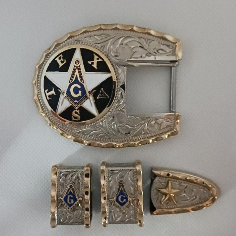Master Mason Blue Lodge Belt Buckle - Silver Buckle Set Texas With White Star - Bricks Masons