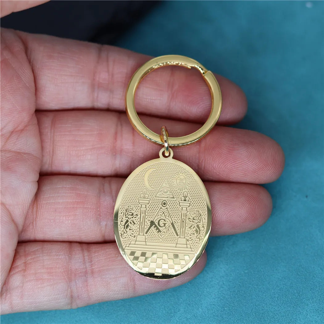 Master Mason Blue Lodge Keychain - Gold Stainless Steel Twin Pillars - Bricks Masons