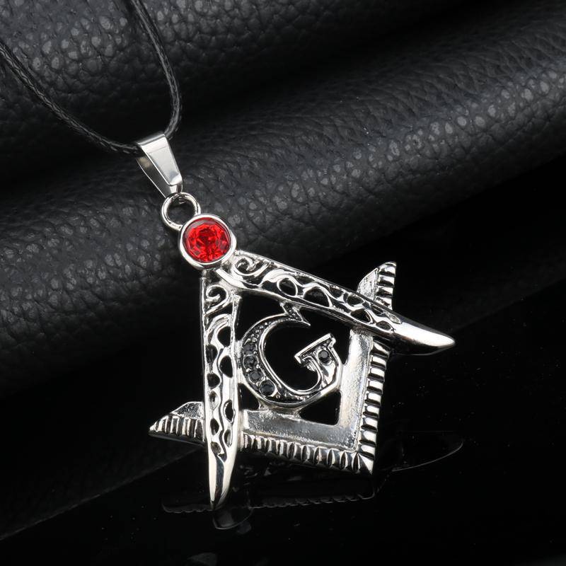 Master Mason Blue Lodge Necklace - Red Crystal Square & Compass G - Bricks Masons