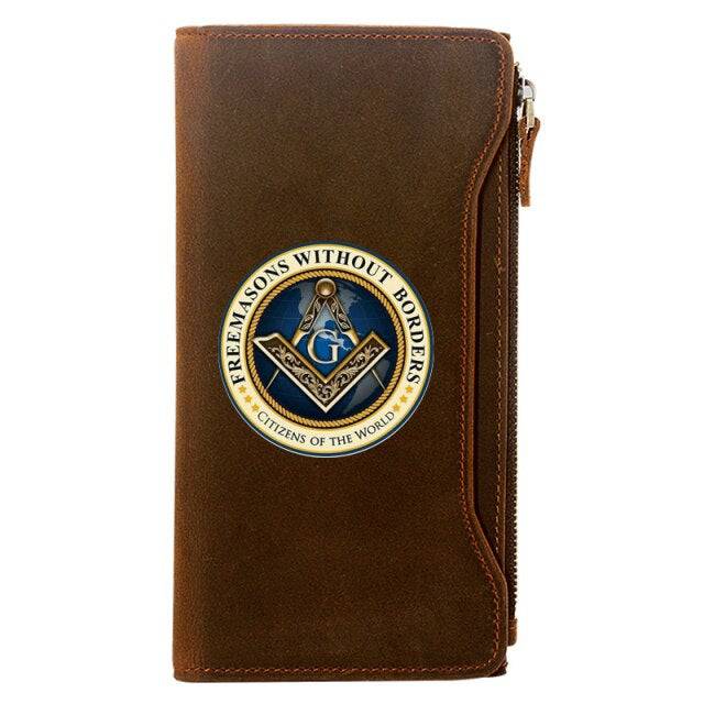 Master Mason Blue Lodge Wallet - Genuine Leather Free and Accepted Phone Bag Zipper & Card Holder Brown - Bricks Masons