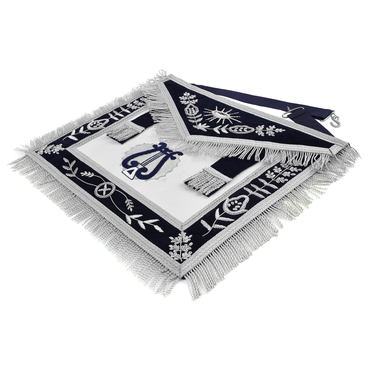 Organist Blue Lodge Officer Apron - Dark Blue With Silver Hand Embroidery Bullion - Bricks Masons