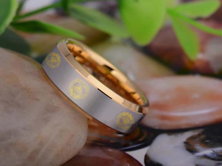 Grand Master Blue Lodge Ring - Gold Beveled Tungsten - Bricks Masons