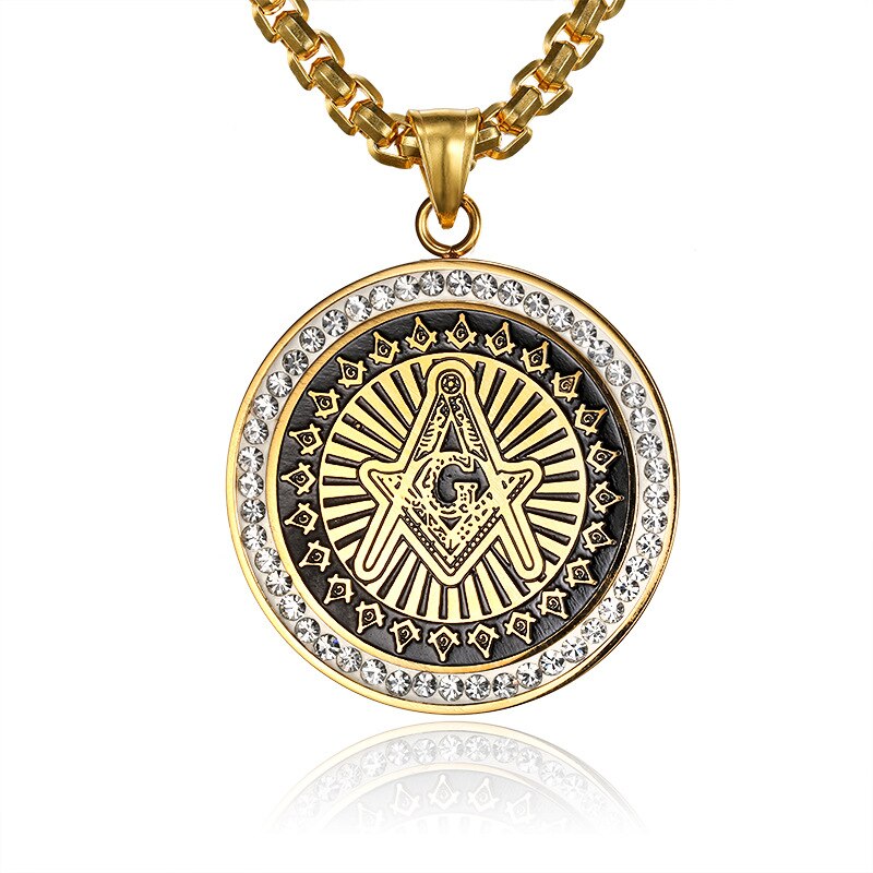 Master Mason Blue Lodge Pendant - Square and Compass Round Gold zircon - Bricks Masons