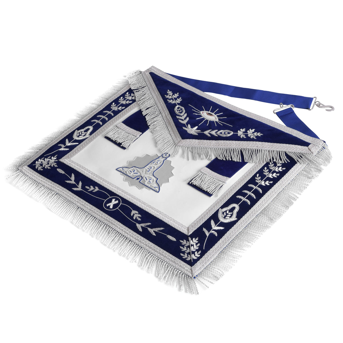 Senior Warden Blue Lodge Officer Apron - Silver Fringe & Side Tabs - Bricks Masons