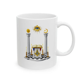 Master Mason Blue Lodge Mug - S&C G Altar Pillars & Eye on Checkered Floor