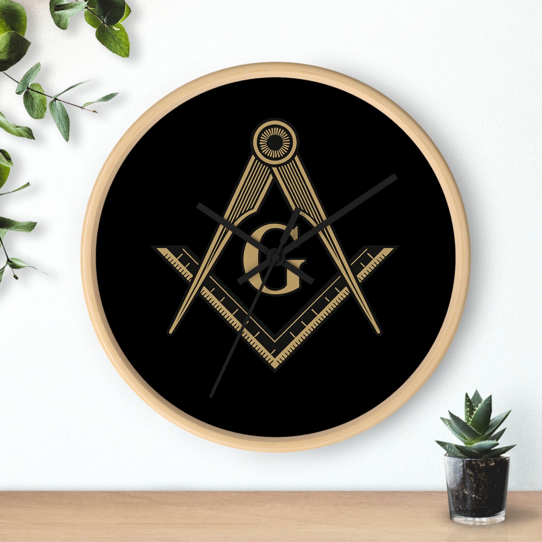 Master Mason Blue Lodge Clock - Golden S&C G on Black Dial - Bricks Masons