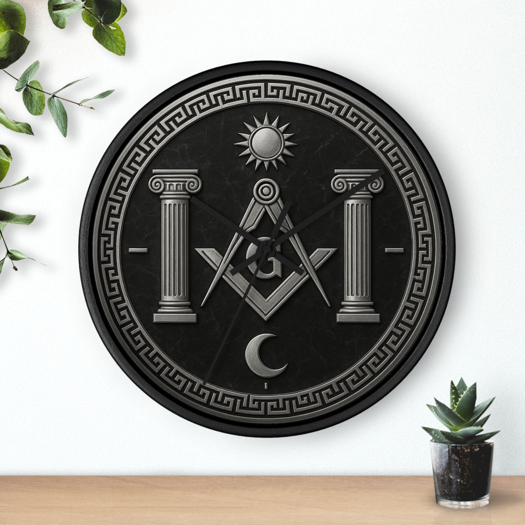 Master Mason Blue Lodge Clock - S&C with Pillars Sun & Moon on Wooden Frame - Bricks Masons
