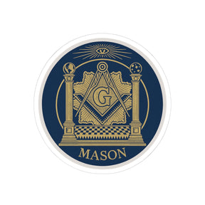 Master Mason Blue Lodge Sticker Decal - Kiss-Cut Blue & Gold With Pillars - Bricks Masons