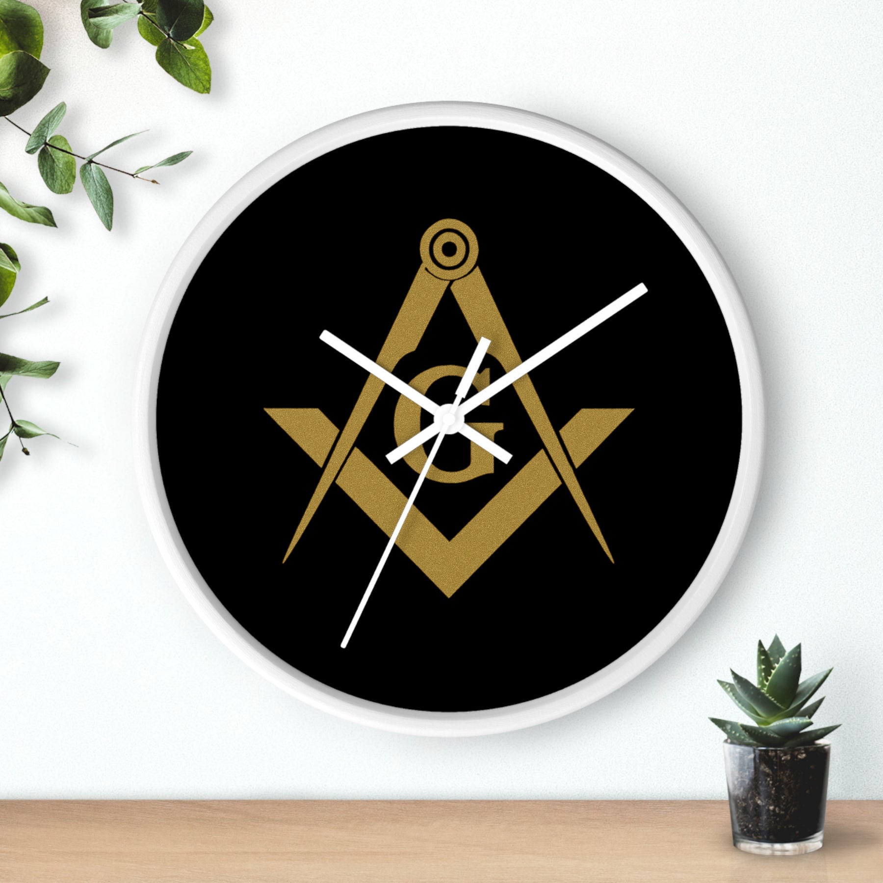 Master Mason Blue Lodge Clock - Shiny Golden S&C G on Black Dial - Bricks Masons