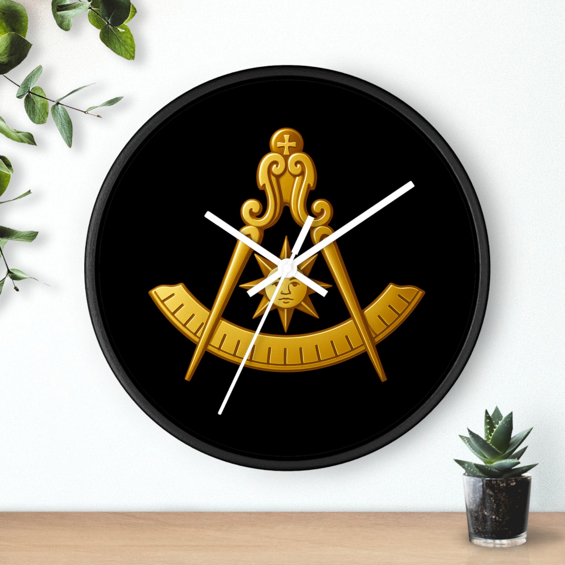 Past Master Blue Lodge Clock - Compass Sun & Quadrant Symbol with Wooden Frame - Bricks Masons