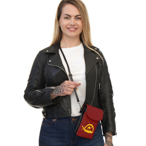 DOKO Cell Phone Wallet - Maroon Microfiber Leather With Adjustable Strap - Bricks Masons