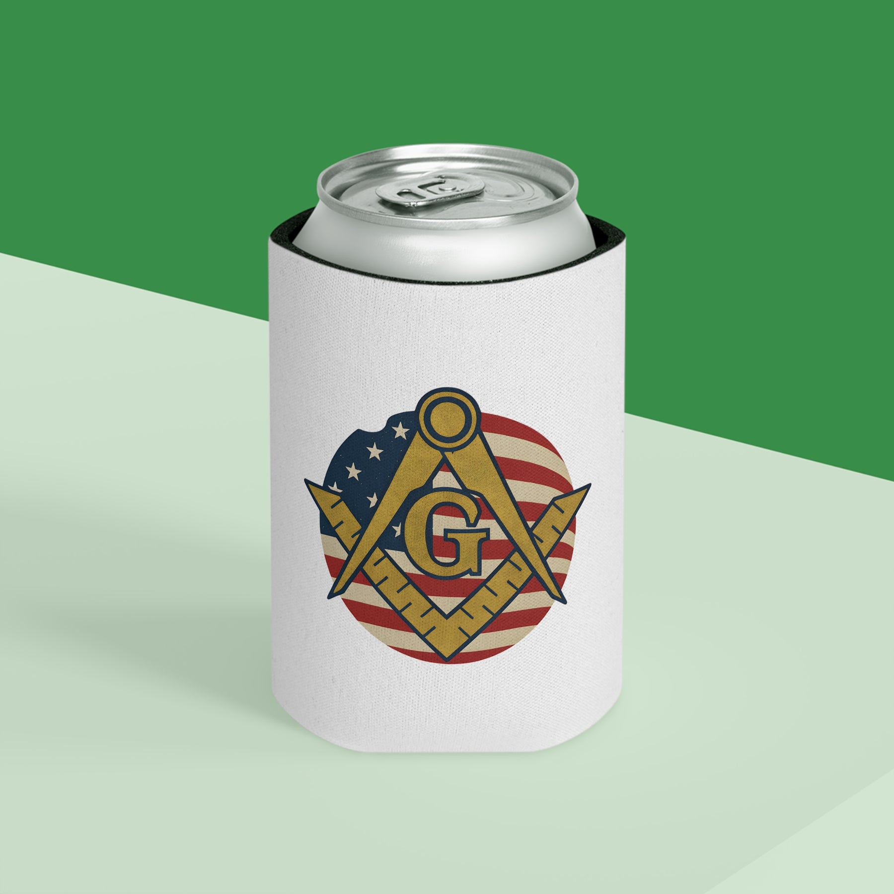 Master Mason Blue Lodge Can Cooler - Square & Compass G US Flag - Bricks Masons