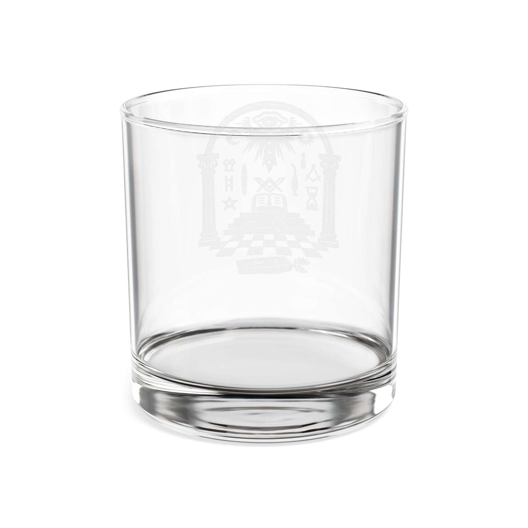 Master Mason Blue Lodge Whiskey Glass - Checkered Floor Pillars All-Seeing Eye & Tools