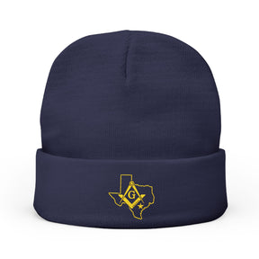 Master Mason Blue Lodge Beanie - Knit Embroidery Gold Square & Compass G Texas Mason - Bricks Masons