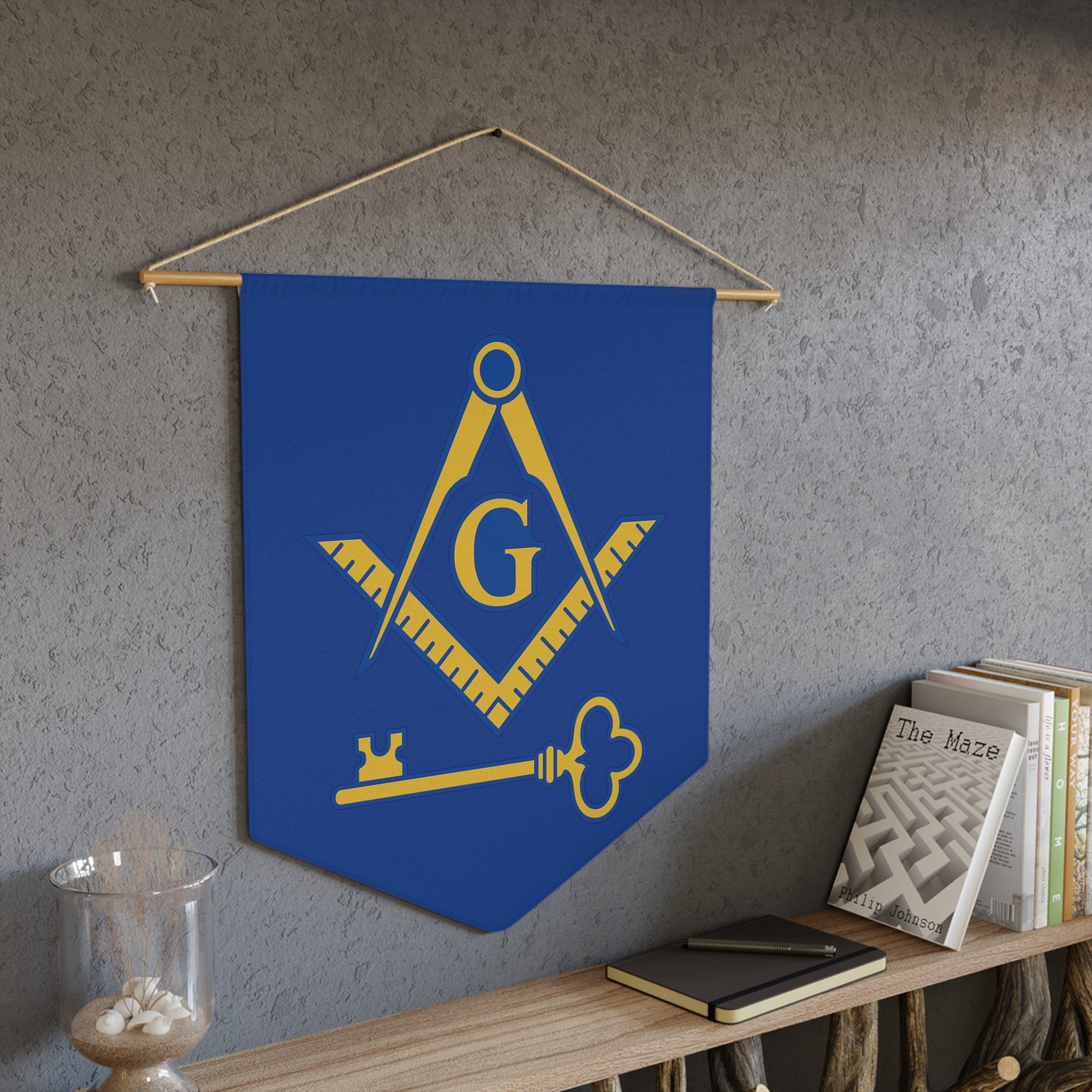 International Masons Pennant - Square and Compass G on Blue Polyester Twill - Bricks Masons