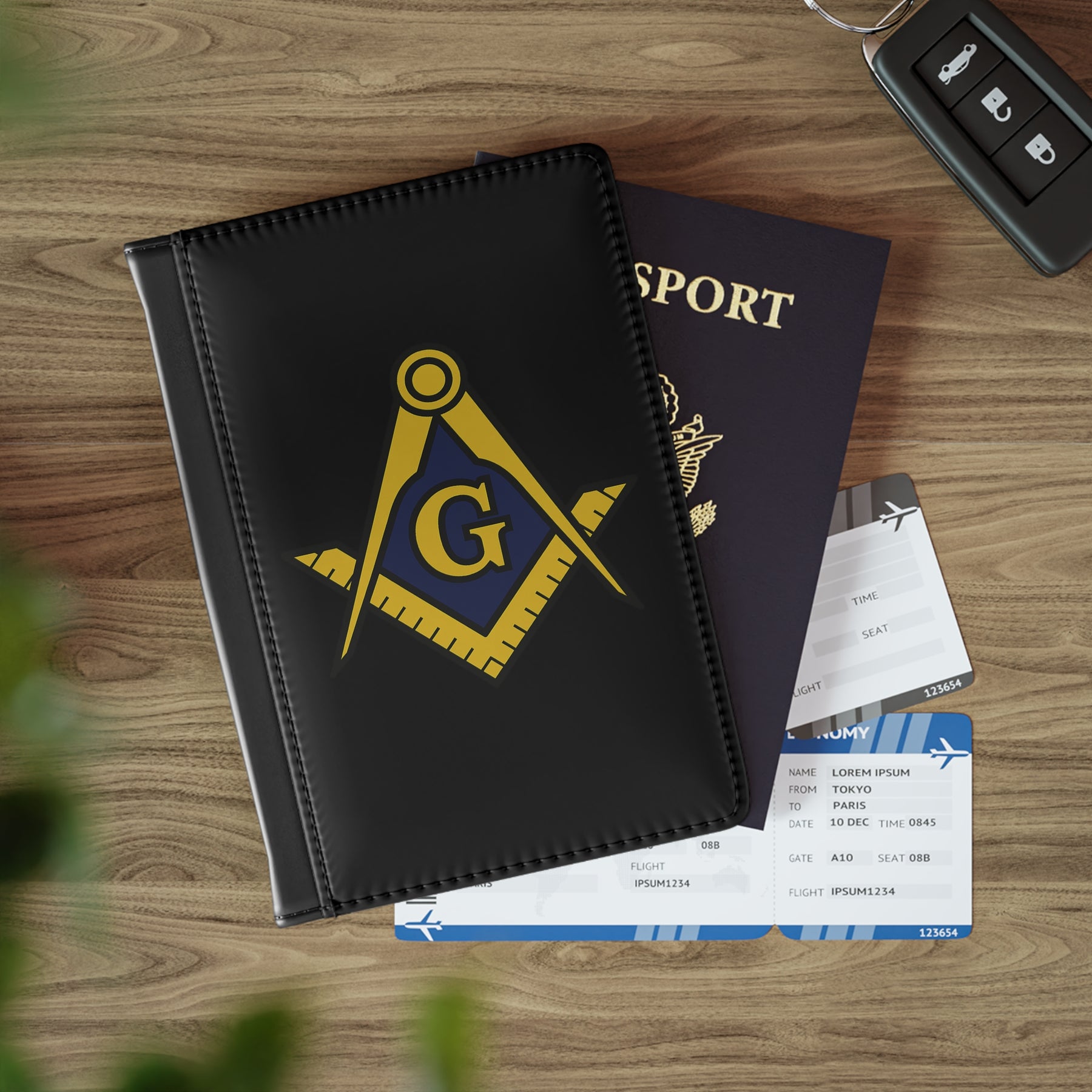 Master Mason Blue Lodge Passport Cover - PU Leather Gold & Blue S&C G - Bricks Masons