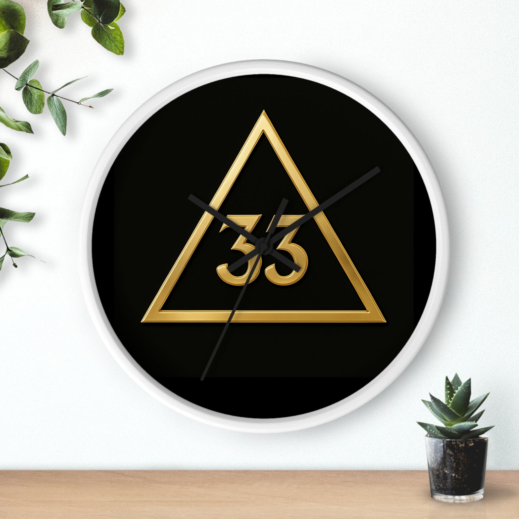 33rd Degree Scottish Rite Clock - Golden Triangle 33 Emblem on Wood Frame - Bricks Masons