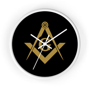 Master Mason Blue Lodge Clock - Shiny Golden S&C G on Black Dial - Bricks Masons