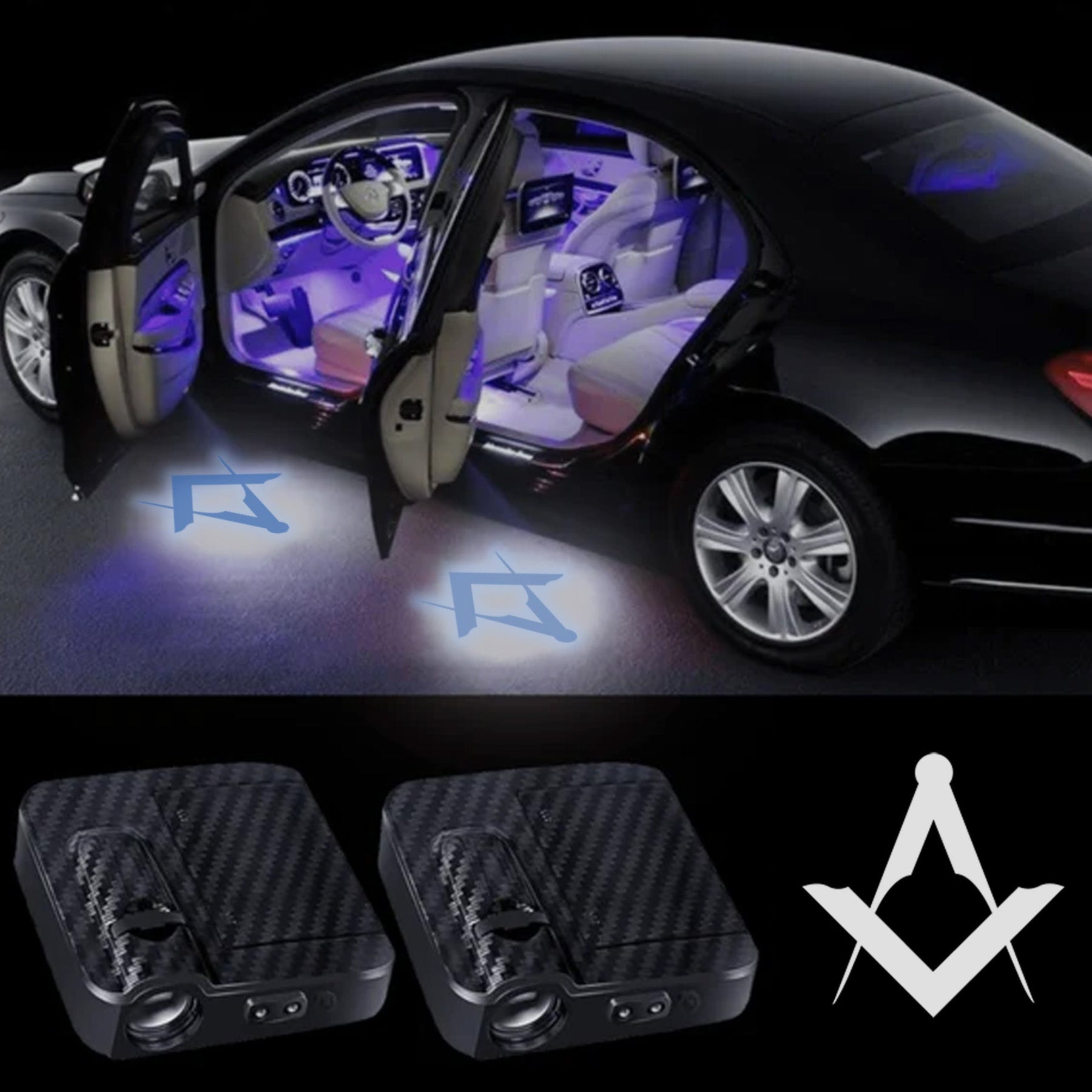 Master Mason Blue Lodge Car Door Light Projector - 2 Pieces Wireless LED Square & Compass - Bricks Masons