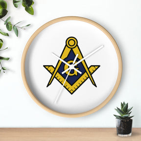 Master Mason Blue Lodge Clock - Wood Frame with Golden Square & Compass G - Bricks Masons