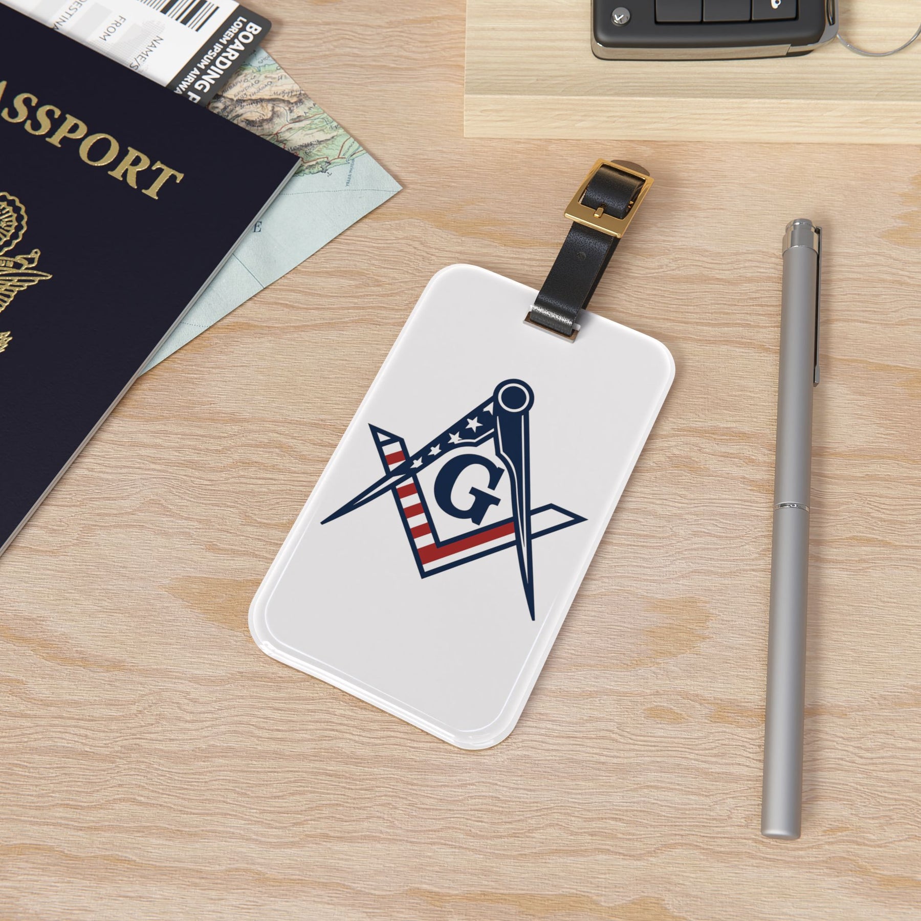Master Mason Blue Lodge Luggage Tag - USA Flag S&C G With Black Leather Strap - Bricks Masons