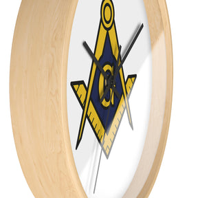 Master Mason Blue Lodge Clock - Wood Frame with Golden Square & Compass G - Bricks Masons