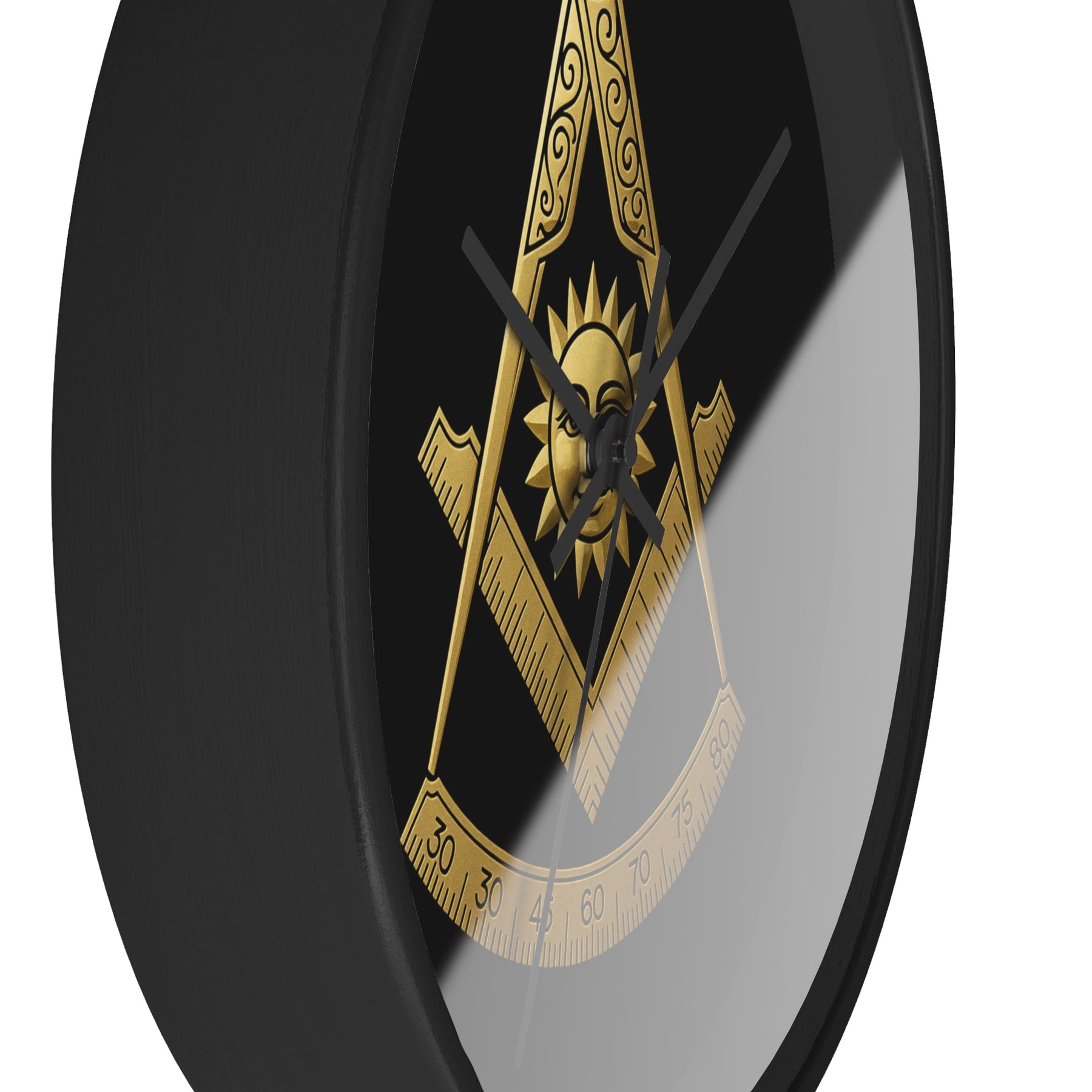 Past Master Blue Lodge Clock - Square Compass Sun & Quadrant Emblem on Wood Frame - Bricks Masons