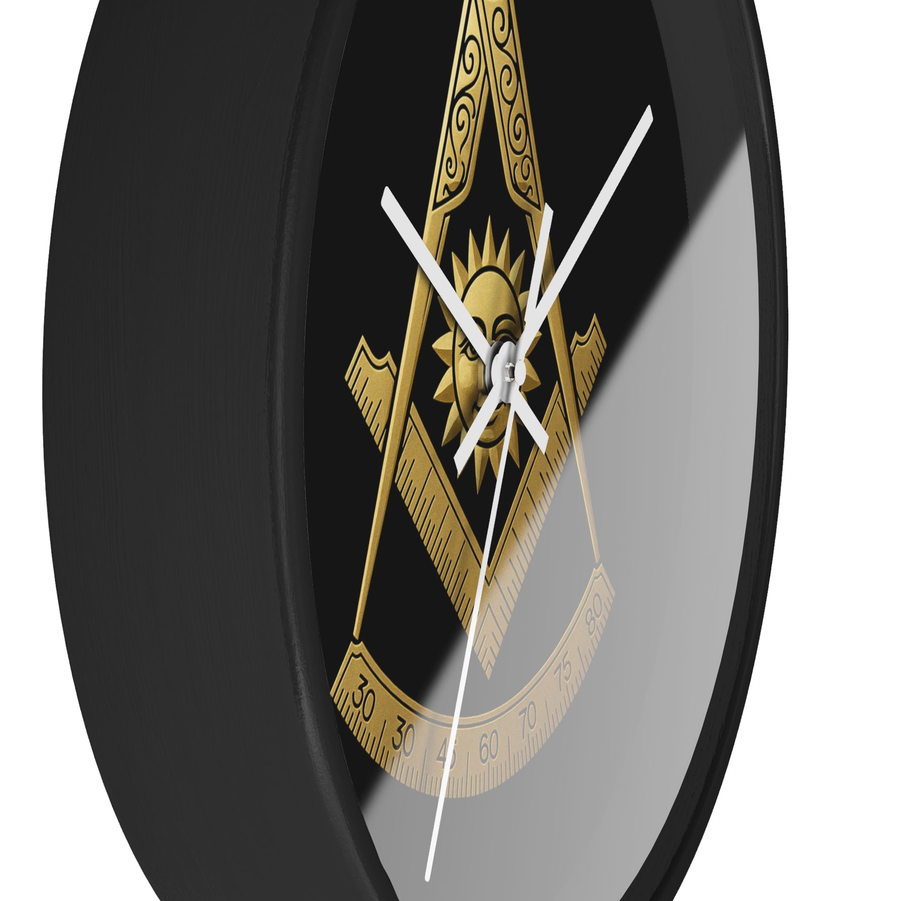 Past Master Blue Lodge Clock - Square Compass Sun & Quadrant Emblem on Wood Frame - Bricks Masons