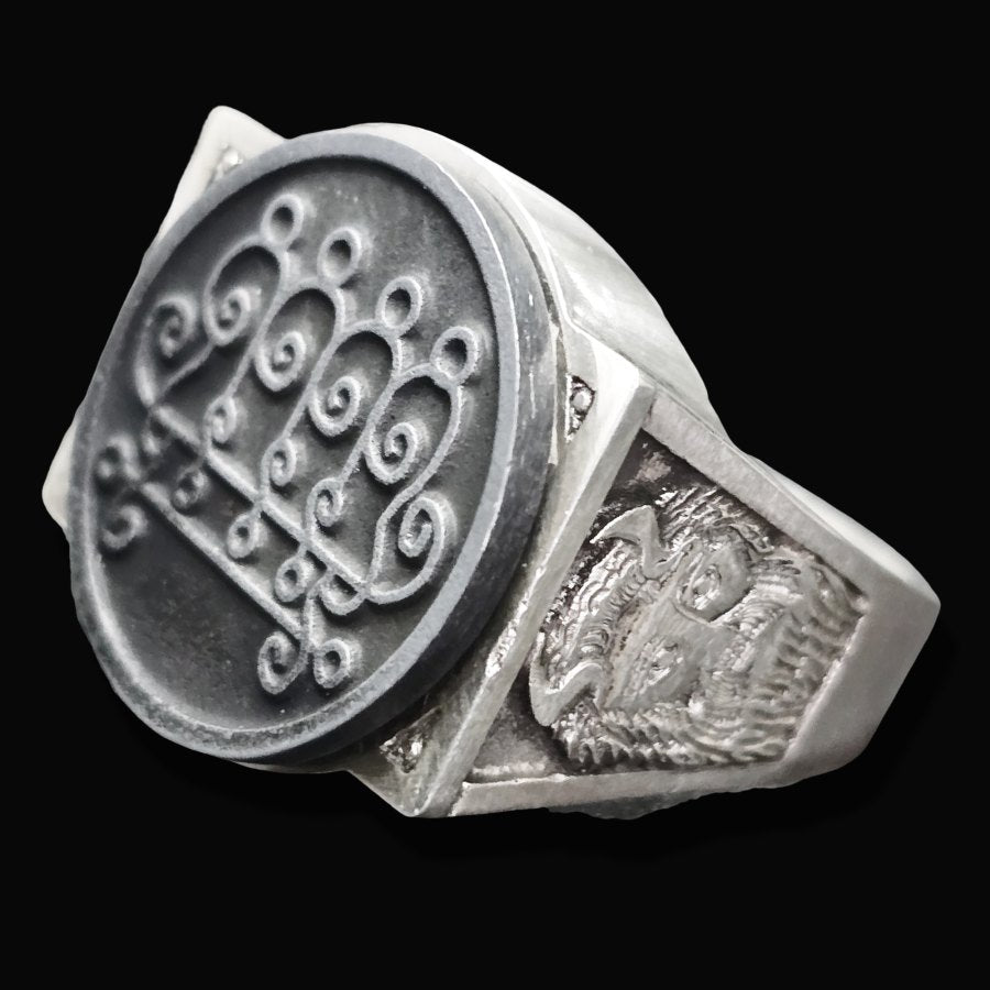 Demon Ring 9 KING PAIMON 72 Demons Lesser Key of Solomon Goetia In Silver 2.2 cm x 1.8 cm 18 Gr Art 1787 - Bricks Masons