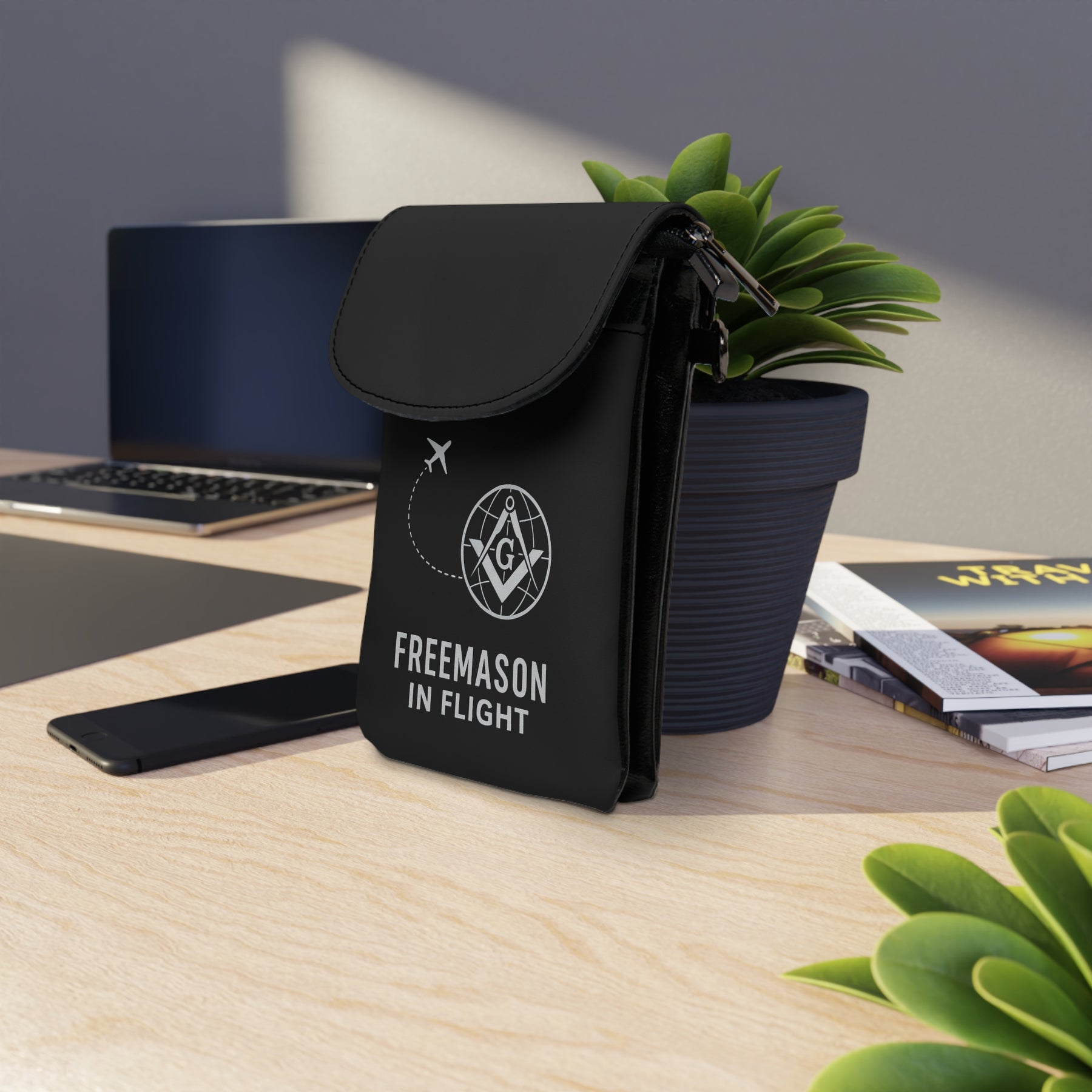 Master Mason Blue Lodge Cell Phone Wallet - Freemason In Flight Black Microfiber Leather - Bricks Masons