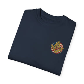 Master Mason Blue Lodge T-Shirt - Garment-Dyed US Flag Square & Compass G - Bricks Masons