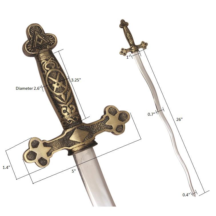 Master Mason Blue Lodge Sword - Snake Flaming Sword Square Compass with Gold Hilt