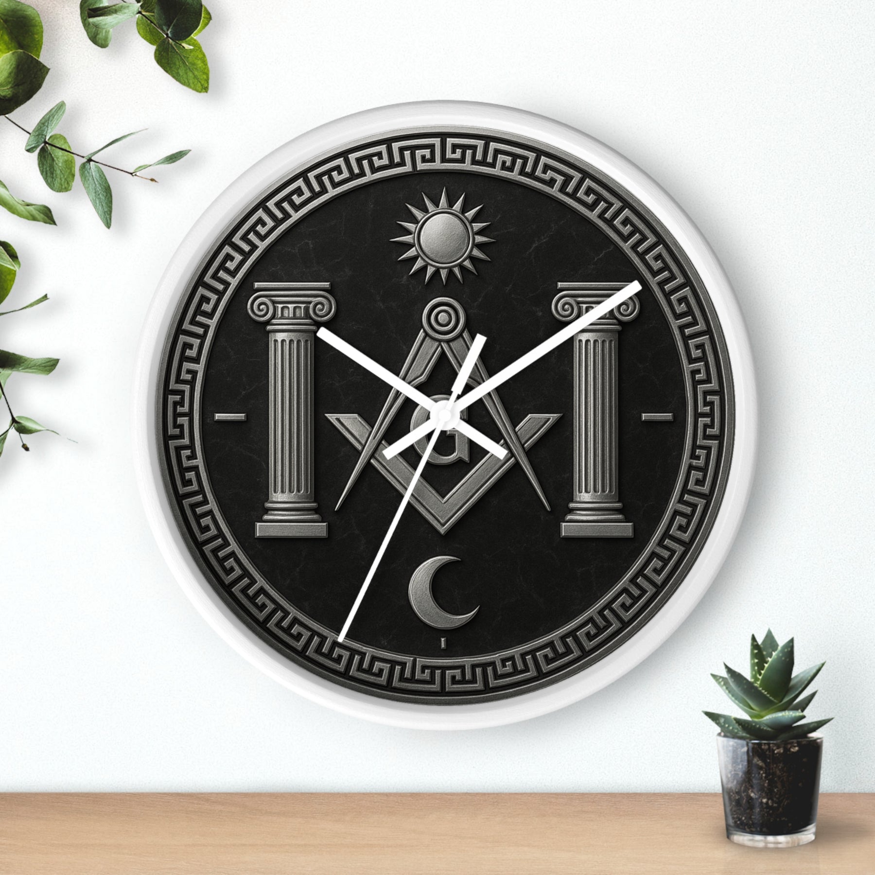 Master Mason Blue Lodge Clock - S&C with Pillars Sun & Moon on Wooden Frame - Bricks Masons