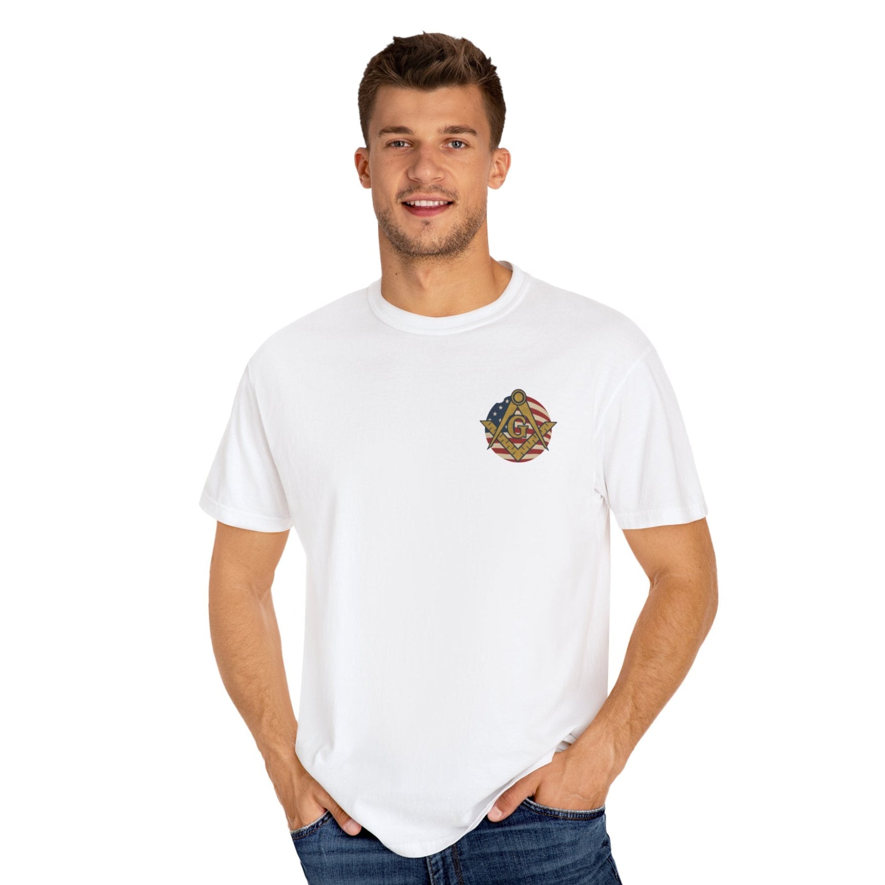 Master Mason Blue Lodge T-Shirt - Garment-Dyed US Flag Square & Compass G - Bricks Masons