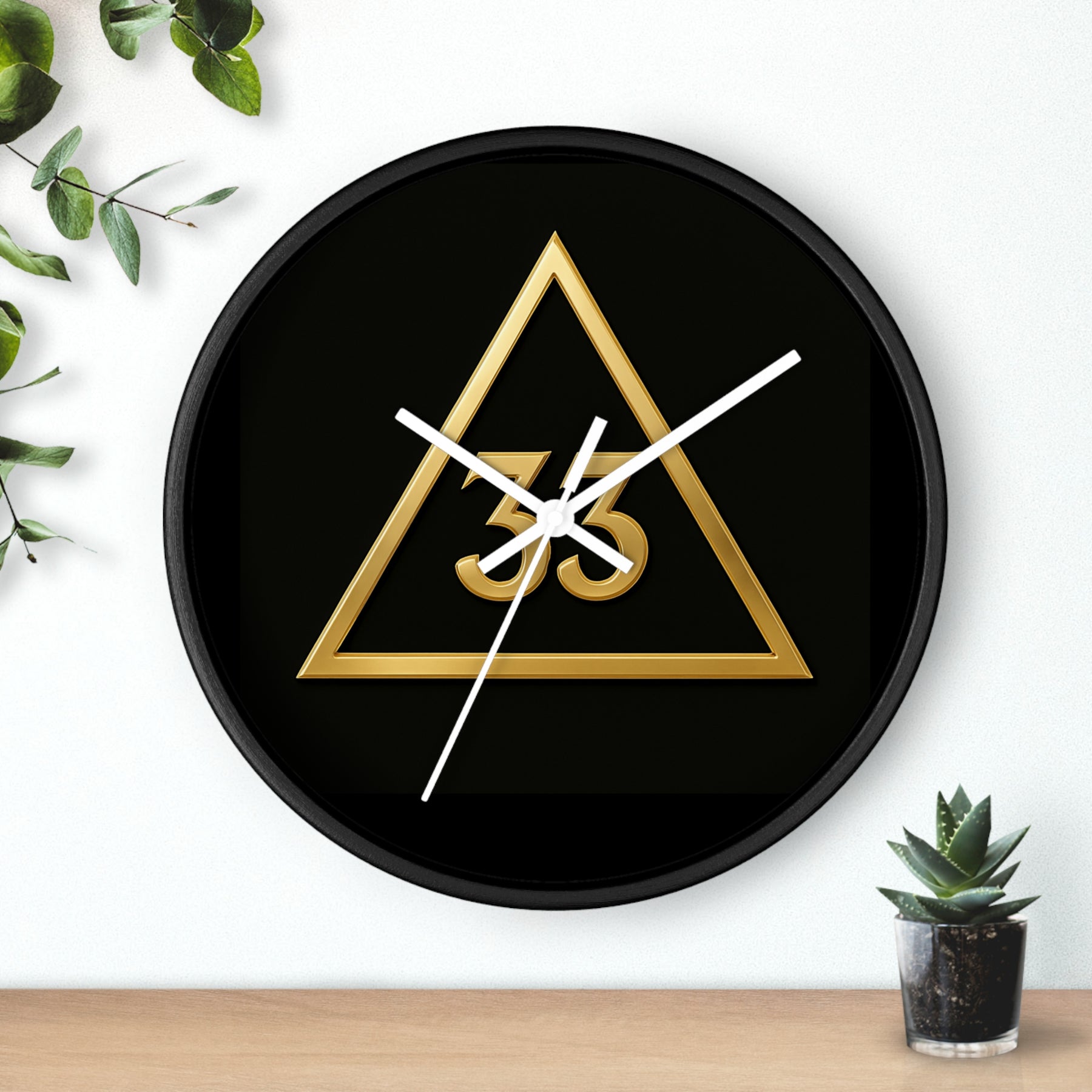 33rd Degree Scottish Rite Clock - Golden Triangle 33 Emblem on Wood Frame - Bricks Masons