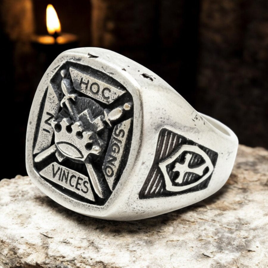 Templar Ring In Hoc Signo Vinces in Silver Art 287 - Bricks Masons