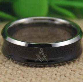 Master Mason Blue Lodge Ring - Black Concave Tungsten Personalizable