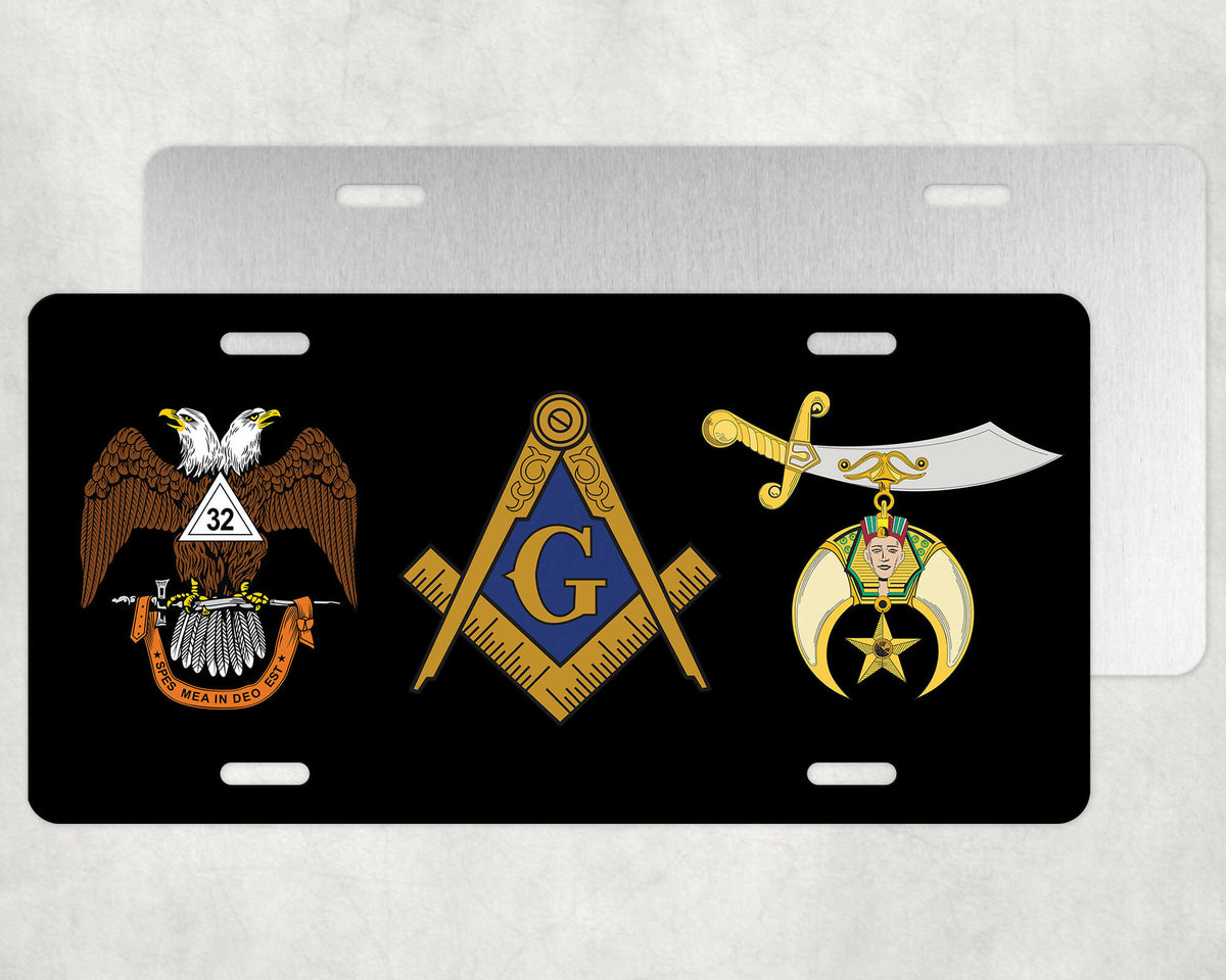 Scottish Rite Shriners Master Mason Blue Lodge License Plate Frame - High Gloss Aluminum - Bricks Masons