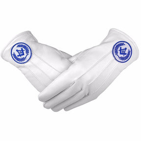 Master Mason Blue Lodge Gloves - White Leather with Blue Square & Compass G