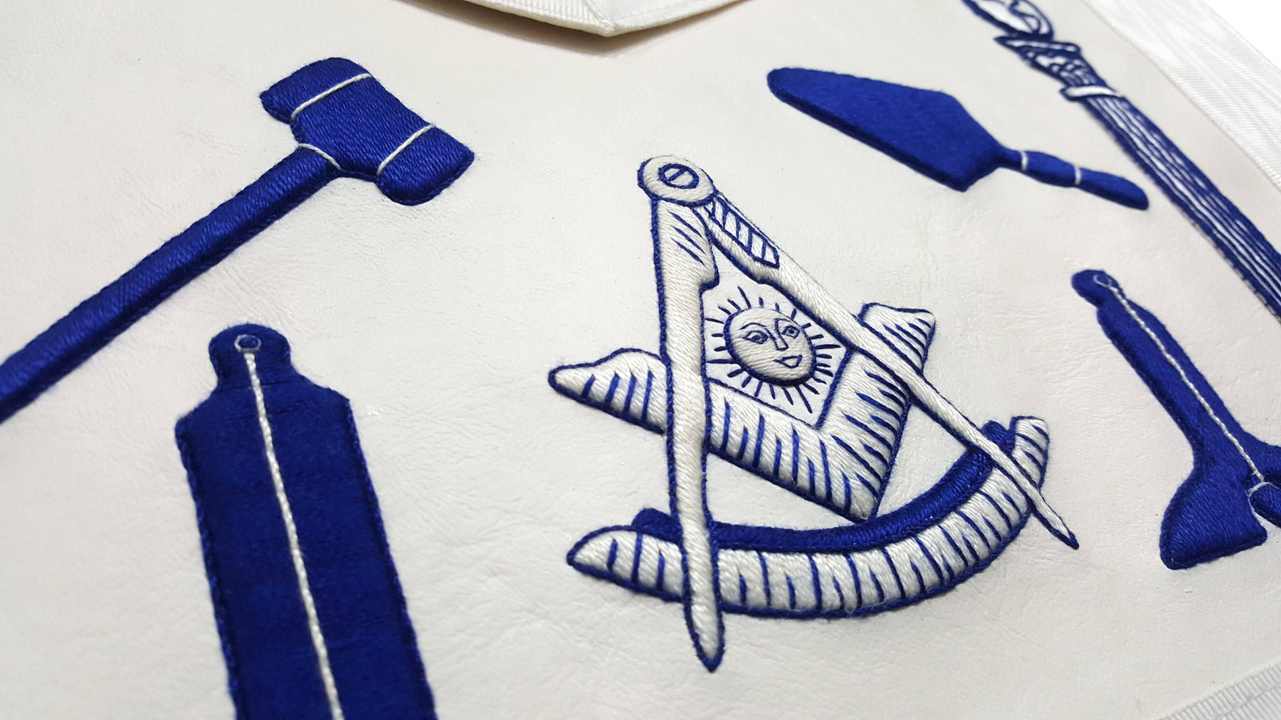 Past Master Blue Lodge Apron - Hand Embroidered Royal Blue & White Silk Thread.