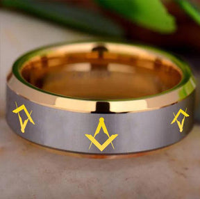 Master Mason Blue Lodge Ring - Gold Beveled Tungsten Personalizable